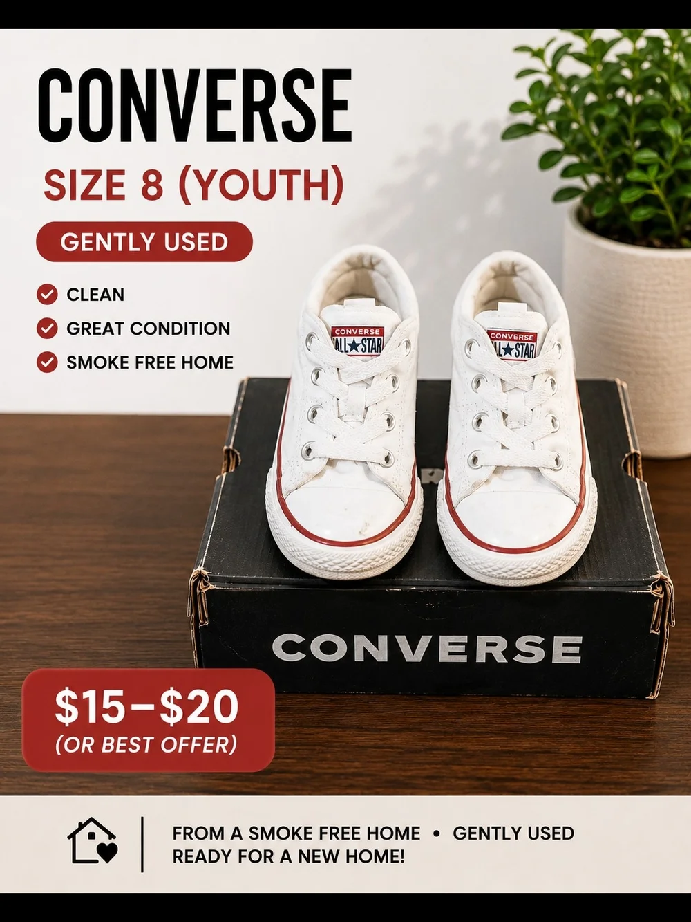 Converse White Low-Top Kids Sneakers with Red Trim